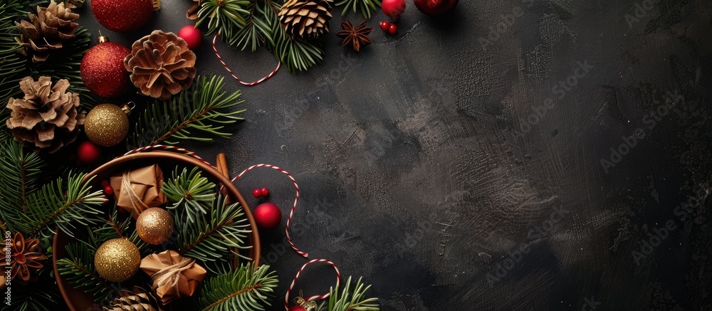 Canvas Prints Festive holiday table arrangement displayed on a dark backdrop with overhead perspective and ample copy space image