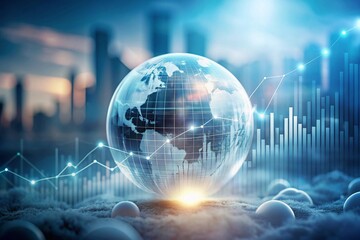 Abstract digital business chart with a globe overlay on a blurry background