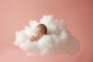 Cute Sleeping Baby Sleeping On A White And Soft Cloud, Studio Photo, A Light Pink Background, Baby Floating On A Cloud