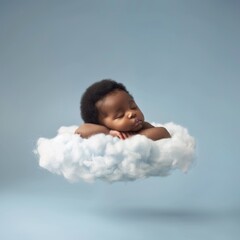 Cute Sleeping Afro Baby Sleeping On A White And Soft Cloud, Studio Photo, A Light Blue Background, Baby Floating On A Cloud