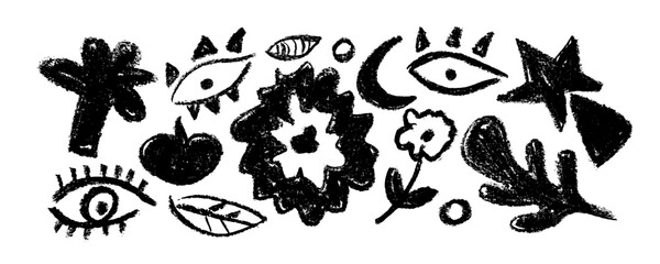 Trendy set with spring  flowers  different shapes,  eyes,  leaves,  apple. Floral silhouettes with  leaves. Grunge charcoal  brushstroke drawing.  Hand drawn vector print, fabric design.