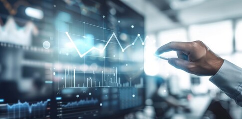 Businessman touching growth graph chart arrow up on virtual screen with blurry office background
