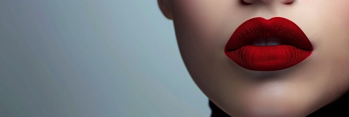 Obraz premium Close-up of red lips against a blue background. Copy space