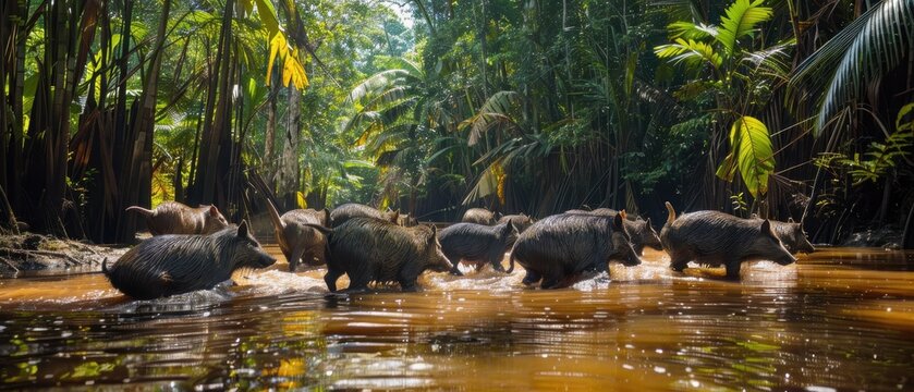 Peccaries Crossing Stream in Lush Amazon Rainforest