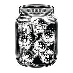 Glass bottle containing eyeballs in water to preserve Hand drawing with detailed black and white