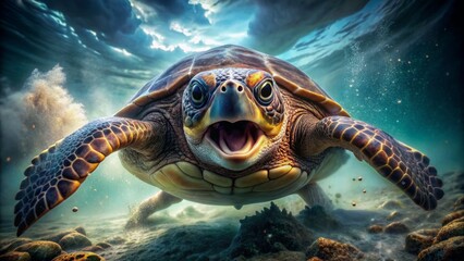 Obraz premium Aggressive turtle with sharp jaws and menacing eyes emerges from murky waters, its powerful flippers poised to strike, conveying a sense of danger.