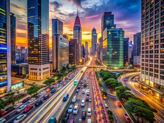 Fototapeta premium Bustling metropolitan hub at dusk, vibrant streetlights and neon billboards illuminate towering skyscrapers, busy roads filled with cars, creating a dazzling urban nightscape.