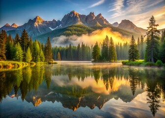 Fototapeta premium Serene misty morning scene of a still mountain lake reflecting majestic surrounding peaks and lush green forest under a warm golden sunlight.