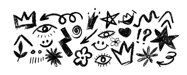 Collection with naive playful  shapes in doodle grunge style . Squiggles, circles, crowns, arrows, asterisk,  dots and wavy bold lines. Vector illustration with black geometric elements.
