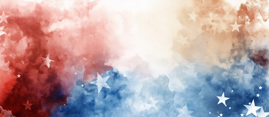 Red, white and blue background with stars in the style of watercolor, american flag themed.
