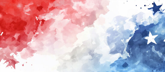 Red, white and blue background with stars in the style of watercolor, american flag themed.
