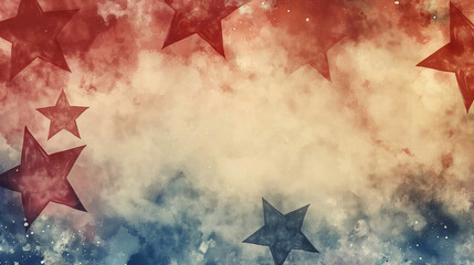 Red, white and blue background with stars in the style of watercolor, american flag themed.
