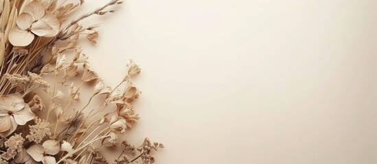 A chic frame for greetings and displays featuring square dried flowers on a beige backdrop with space for adding images. Copy space image. Place for adding text and design