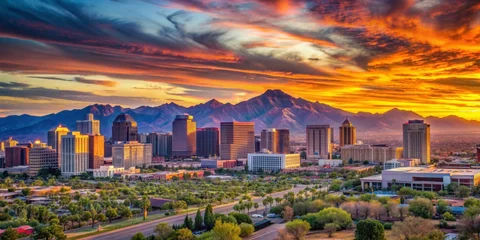 Vibrant sunset casts a warm glow on the modern urban landscape of Arizona's capital city, showcasing sleek skyscrapers and majestic mountain ranges in the distance. © Man888