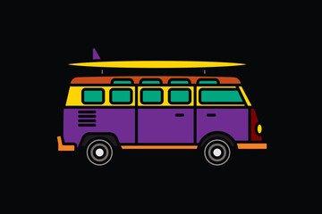 Original vector illustration. A van with a surfboard on the roof. A contour icon.