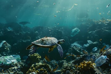 marine pollution, turtles swim in the sea which is polluted by plastic waste, turtle eating plastic