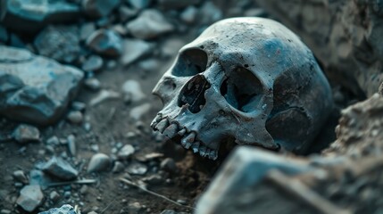 A skull is laying on the ground in a rocky area