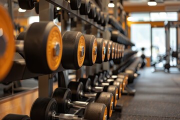Obraz premium A set of dumbbells arranged neatly on a rack in a modern gym