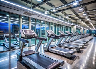 Naklejka premium Modern fitness center with rows of sleek treadmills, empty but ready for action, illuminated by bright lights and reflected in mirrored walls.
