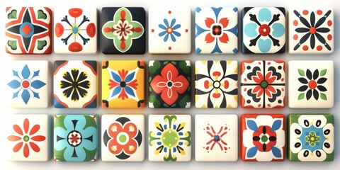 Colorful geometric tiles with intricate patterns, creating a vibrant and playful design. The variety of colors adds a lively touch