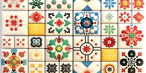 Colorful geometric tiles with intricate patterns, creating a vibrant and playful design. The variety of colors adds a lively touch