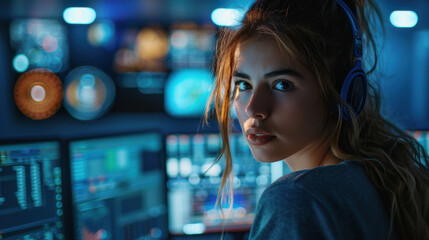 Naklejka premium Young woman wearing headphones working at a computer in a dark room, surrounded by multiple monitors and high-tech equipment.