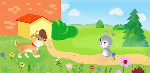 Fototapeta premium rabbit and dog in the garden