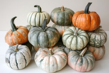 Variety of pumpkins on white background