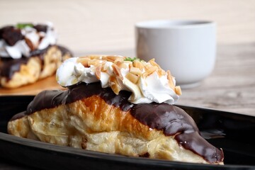 Breakfast of croissant chocolate bakery and coffee cup