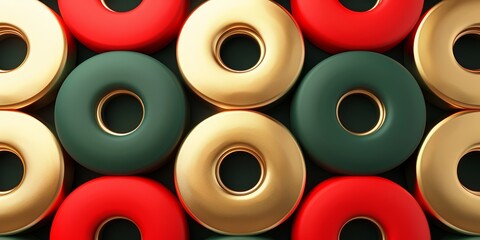 Fototapeta premium Circular and cylindrical shapes in gold, red, and green creating a vibrant and playful pattern. The glossy finish enhances the modern and stylish design