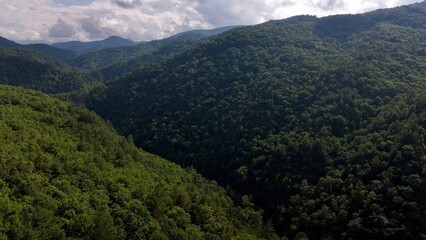 Fototapeta premium Beautiful Great Smoky Mountain landscape in North Carolina with green trees blue sky and cloud shadows on hillside 