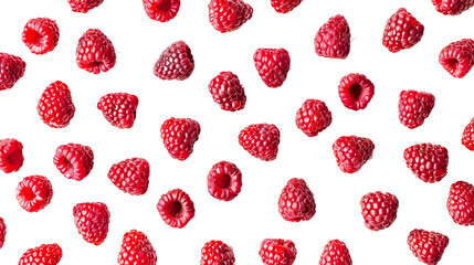 Fresh Red Raspberries pattern from flat view isolated on background, summer fruit for refreshment,...