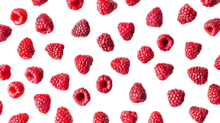 Fresh Red Raspberries pattern from flat view isolated on background, summer fruit for refreshment, fresh berries with high vitamin.
