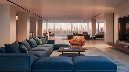 Contemporary living room with blue sofa