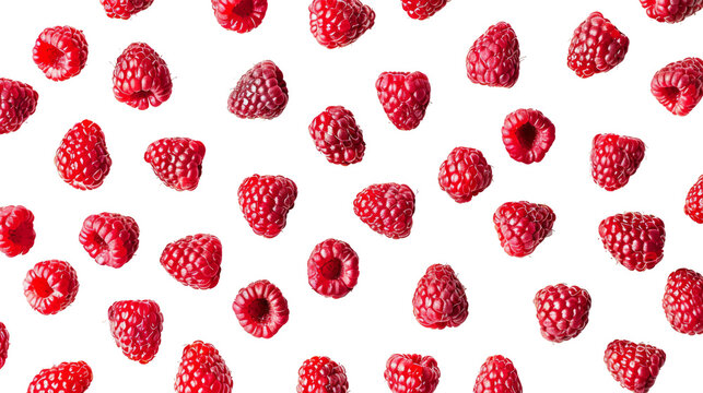 Fresh Red Raspberries pattern from flat view isolated on background, summer fruit for refreshment, fresh berries with high vitamin.