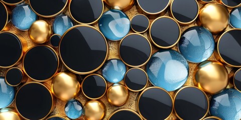 abstract background texture. Smooth, glossy spheres in blue, gold, and black, arranged in a dynamic pattern. The reflective surfaces create an elegant and contemporary look