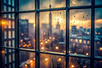 Moody urban atmosphere captured through misty windowpane, soft focus, and warm lighting, evoking melancholy and introspection, with a subtle glare effect.