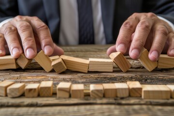 Falling and standing up wooden blocks in the style of a domino effect