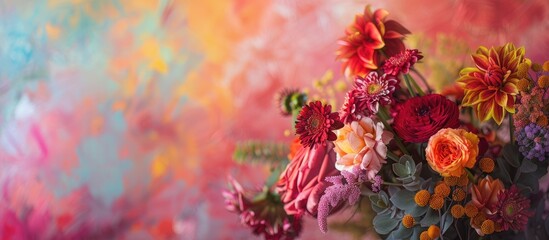 A stunning floral arrangement set against a colorful backdrop in a copy space image