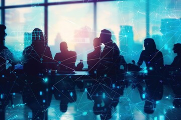 Silhouettes of Businesspeople with a Network Overlay