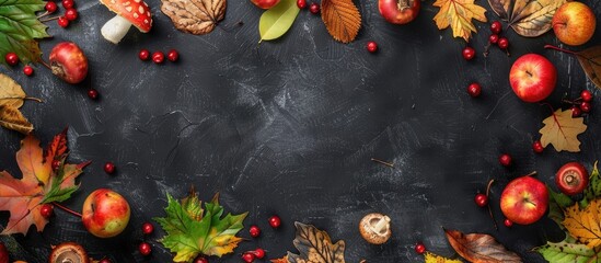 Top down view of autumn themed chalkboard featuring fruits mushrooms and vibrant leaves all surrounded by copy space for your text