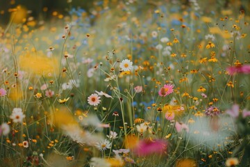 Fototapeta premium Vibrant wildflowers scattered across a meadow, creating a beautiful natural scene., A field of wildflowers swaying gently in the breeze, AI generated
