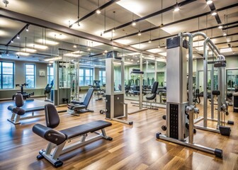 Well-equipped modern gym interior with various exercise machines, free weights, and mirrors, focusing on a vacant workout area with a subtle motivational atmosphere.