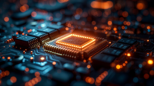 Quantum computing. Close-up of glowing microchip on circuit board. Data security and technology. Artificial intelligence GPU, CPU or TPU.