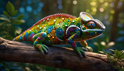 Fototapeta premium Colorful Chameleon panther on branch digital ai art