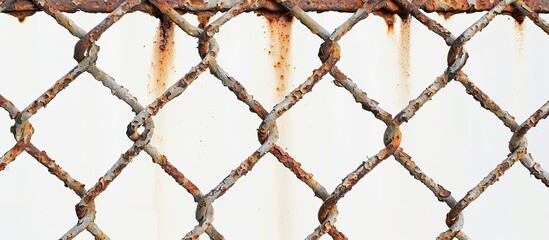 Fototapeta premium Rusty metal fence against a white backdrop providing empty space for an image. Copy space image. Place for adding text and design