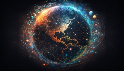 Obraz premium Planet Connected: Earth Encircled by Swirling Data and Social Media