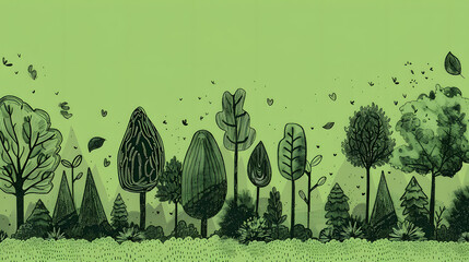 International Day of Forests: Simple Black Line Sketch on Forest Green Background






