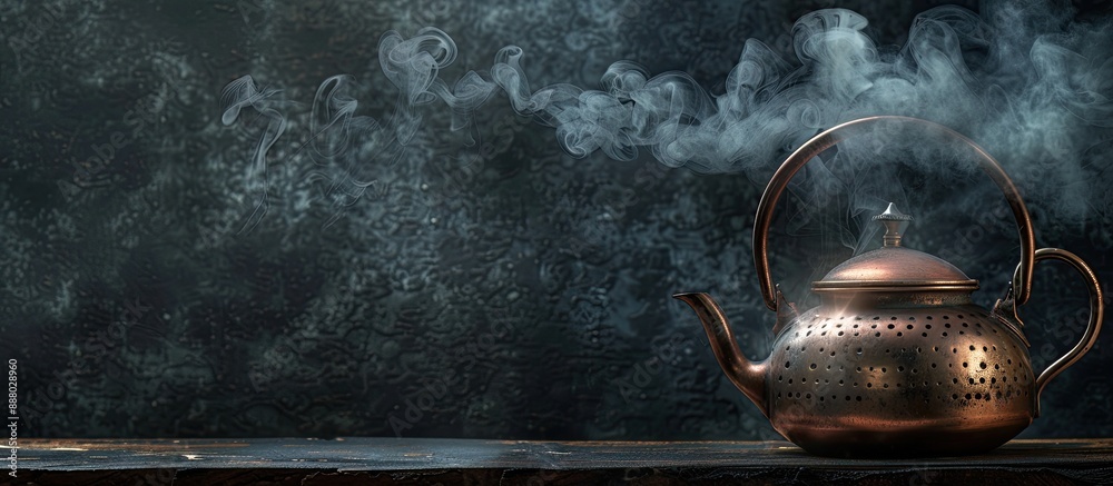 Sticker An elegant vintage copper teapot emitting steam on a dark background ideal as a copy space image