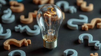 A glowing light bulb surrounded by floating question marks on an isolated background